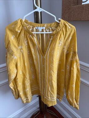 DR2 Mustard Yellow Paisley Button-Front Peasant Top